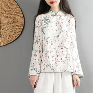 Etnik Giyim 2023 Bayanlar Keten Cheongsam Bluz Zarif Qiapo Gömlek Uzun Kollu Qipao Üstler Çin Vintage Baskısı 12192