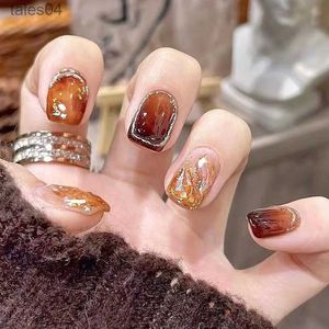 False Nails Amber Fake Short Nails Tips Gradient Press on Nails Coffin Full Cover Ballerina Wearable Design Kiss False Nail with Glue YQ231115