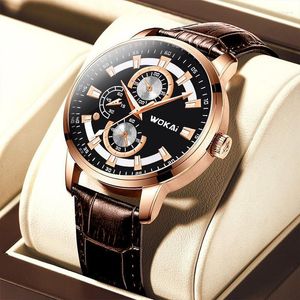 Нарученные часы 2023 модный бренд Wokai Watch Men Casual Sport Watch Teather Band Quartz Gifts Низкая цена