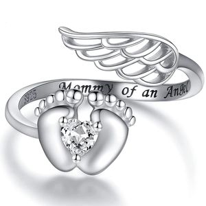 Fedi nuziali personalizzate in argento sterling con ali d'angelo, piedi per bambini, anello per aborto spontaneo, anelli per perdita di gravidanza, gioielli, regalo commemorativo per le donne, mamma 231114