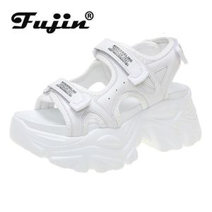 GAI Fujin Leather 8cm Platform Sandals Wedge Heel for Women Summer Casual Hook Loop Slides Beach Slippers Chunky Shoes 230414 GAI