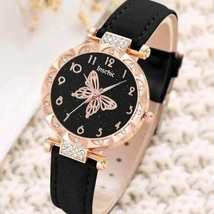 Relógios de pulso feminino relógio de luxo anel colar brincos strass borboleta moda relógio de pulso feminino casual senhoras relógios conjunto relógio