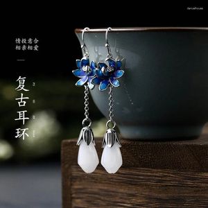 Studörhängen kinesisk stil antik tillbehör elektropläterad thailändsk silver inlagd hetian jade orkid lotus blomma