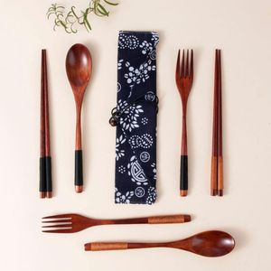 Servis uppsättningar av trärångthandtag Twine Chopsticks Spoon Set med förvaringspåse Kök Tools Tabeller Eco Friendly Travel Flatware