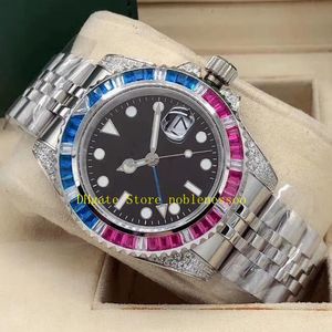 7 estilo de diamante de diamante Men 40mm Data automática Dial preto Diamante Rubi Sento vermelho Diamante azul 126710 Baguete Beliscel Pulseira de aço inoxidável 116710 Relógios de ouro