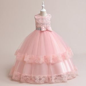 Vestidos de menina Vestido de festa rosa de verão para meninas Cerimônia de casamento de luxo Crianças vestido de baile flores artesanais lantejous adolescentes de 4 a 14 anos