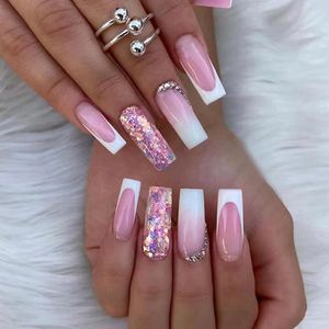 False Nails 24Pcs French Press On Simple Square Head Wearable With Diamond Sequins Design Fake Full Cover Nail Tips