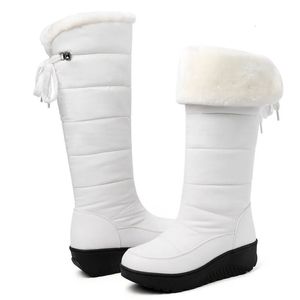 Botas impermeáveis sapatos de inverno mulher botas de neve pele quente pelúcia casual cunha joelho botas altas meninas preto branco chuva sapatos senhoras 231115
