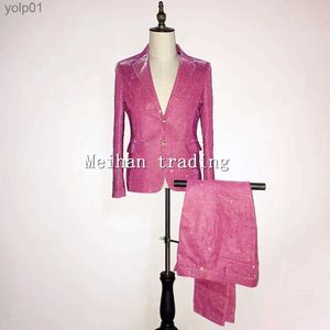 Jaquetas masculinas plus size S-4XL versão coreana dos homens rosa ternos conjunto cantor brilhante magro blazer calças vêm desempenho festa suitl231115