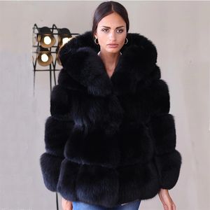 FURE DOMOWE FUAX HJQJLJLS Zimowe kobiety Elegancka czarna płaszcz z kapturem żeńska gęsta ciepła puszysta sztuczna kurtka 231114