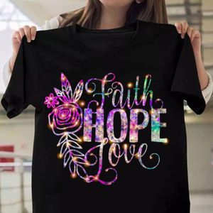 Damen T-Shirt FAITH HOPE LOVE Lila Blumendruck T Kurzarm O-Ausschnitt Loses T-Shirt Damen T-Shirts Tops Camisetas Mujer 230414