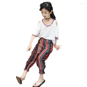 Set di abbigliamento Neonate Set Vintage Bohemian Style 2023 Summer Children Camicetta con spalle scoperte Top Pantaloni 2 pezzi Abiti fantastici da 4 a 13 anni