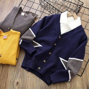 Pullover Baby Kinder Jungen Pullover Mantel dünn Baumwolle für große Jungen Kinder V-Ausschnitt Einreiher Strickjacke 2-12 Jahre 231115