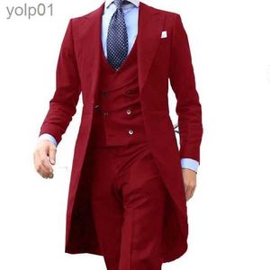 Herrjackor 2023 Ny ankomst Long Coat Designs kinesiska röda män passar mjuka mens tuxedo prom blazer anpassade 3 stycken (jacka+väst+byxor) l231115