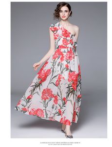Casual Dresses 2023 One Shoulder Bohemain Long Dress Summer Women Clothes Runway Ruffles Oblique Rose Flower Print Sashes Chiffon Dress