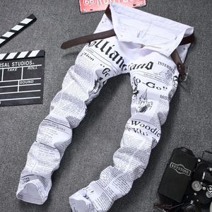 Men s Jeans Straight Fashion White Style Denim Long Thin Trousers Pants spaper Printing Four Season Plus Size 40 42 231113