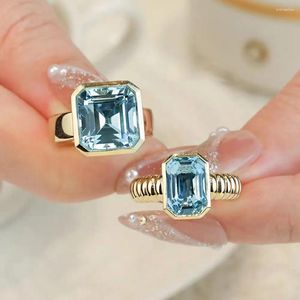 Clusterringe Luxus 9k 10k 14k festes Gold Set Natural Aquamarine Prinzessin Kissen geschnittene Fingerband Brautring Silber Fine Schmuck