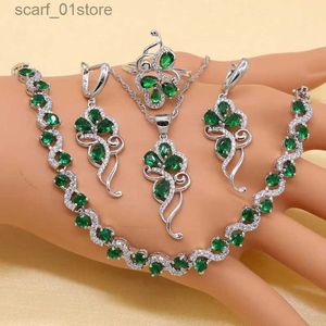 سلسلة 925 Sterling Silver Green Stones مجموعات مجوهرات الزركونيا المكعبة للأقراط/قلادة/قلادة/حلقة/سوار 231115