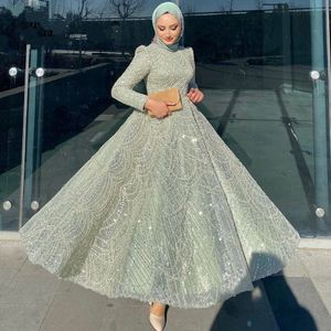 Lüks Dubai Prom Pageant Elbise Yüksek Boyun Uzun Kollu Aline Ayak Bileği Uzunluğu Boncuklar Sequin Akşam Resmi Doğum Günü Elbise Robe De Soiree Vestidos de Fieast