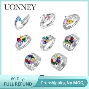 Anéis de casamento UONNEY Drop Personalizado Prata 925 Birthstone Coração Gravar Anel Família Mulheres Primeiro Nome Jóias Acessórios Presente do Dia das Mães 231114