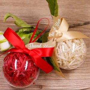 Present Wrap 30 st Pink Red Gold Blue Clear Round Ball Plastic Wedding Favors Candy Boxes Bomboniera Party Box med band Taggar