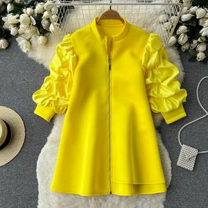 Women's Blouses Vestidos De Mujer Elegant Stand Neck Pleated Puff Long Sleeve Robe Femme Solid Color Zipper Loose Casual Dresses 2023