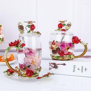 Кружки легкие роскошные эмалевые цветовые стеклянные водяные чашки с крышкой набор европейского цветочного чая дома теплостой устойчивый подарки офисного отдыха