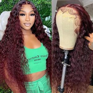 Stunning Burgundy Deep Wave Lace Front Wig in 99J Red Color - 100% Human Hair, 180% Density, HD Transparent Lace, 13x4 Long Curly Frontal Wig