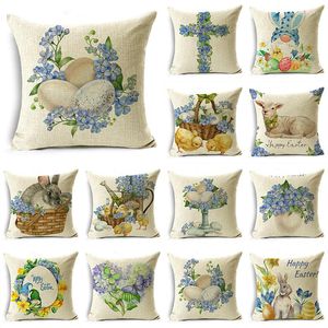 Pillow Blue Easter Egg Love Shape Flower Cross Sheep Linen Cover Sofa Living Room 40 40cm/45 45cm/50 50cm