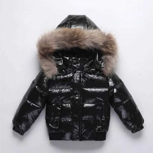 Down Coat 2023 Winter Kids Boys Down Jackets Patched Real Fur Hoodie Shiny Thick Parka Warm Waterproof Stretch Children Boys Outerwear J231115