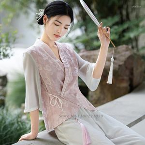 Etniska kläder 2023 Blommatryck Hanfu Cardigan Chinese Style Vintage Jacket Women Lose Cheongsam Topps National Coat Female Retro Shirts