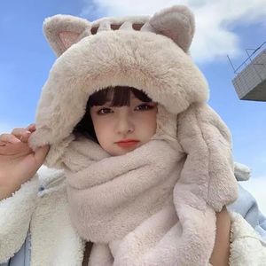 Beanie/Skull Caps Korean Hooded Bear Beanie Lady Winter Hats Big Fur Scarf Warm Thick Hat For Women Soft Gloves Kitten Three-Pece Cap Ski Hat 231115