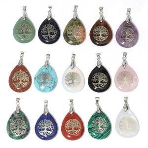 Pendant Necklaces Wholesale Tree Of Life Pattern Water Drop Stone Charms Natural Amethyst Agate Turquoise Gems Necklace Accessory