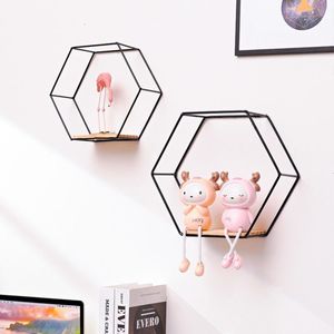 Decorative Objects Figurines Wall Mounted Hexagon Shelf Handicraft Display Rack Floating Sundries Storage Holder Living Room Home Decoration 230414