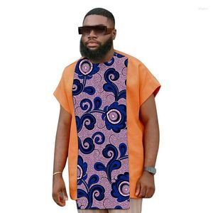 Men's T Shirts Patchwork Men's Shirt Orange Mix African Tops Short Sleeve Male Nigerian Fashion Print Pattern Wedding Outfit