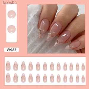 Unhas Postiças Mulheres DIY Unhas Postiças Ouro Aparado Francês Falso Nials Long Amêndoa Dicas de Unhas Mistério Leopardo Imprensa Destacável em Unhas Manicure YQ231115