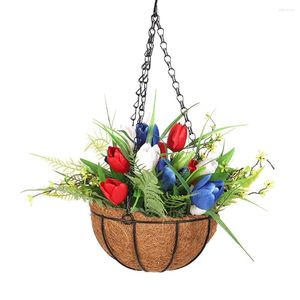 Flores decorativas cestas penduradas para parede 30 40cm American Independence Day Tulip Wreaths Decoration