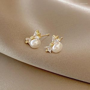 Stud Earrings Korean Fashion Niche Pearl Personality Trend Bow Zircon Cool Design For Girls Jewelry.