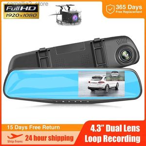 carro dvr 4.3 polegadas 24H 1080P DVR Dash Cam Carro Espelho Retrovisor Câmera Dupla Lente IPS Night Vision Drive Gravador de Vídeo Black Box Dashcam Novo Q231115