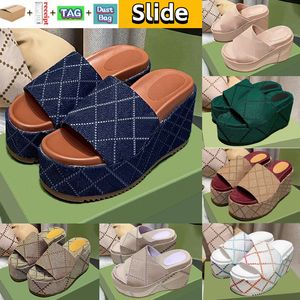 with box Luxury High Heel Slippers Wedge Platform Slide Sandals womens shoes beach deep blue brick red beige ebony green lilac cream jumbo logo canvas summer slipper