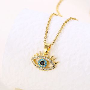 Women Necklaces Blue Evil Eyes Pendant with Stainless Steel Link Chain Fashion Design Gold Plated Iced Out Bling Cubic Zirconia Choker Jewelry Gift for Lady