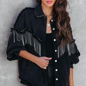 Kvinnorjackor Casual Button-up Tassels fransade överdimensionerad svart denimjacka för kvinnor Streetwear Jean i Outerwears Chic Winter Coat Tops