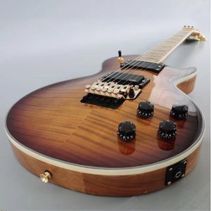 Anpassad elektrisk gitarr, solnedgång Tiger Flame -mönsterfinish, lönnfingerbräda, tremolosystem, guldfärgad hårdvara, 2 aktiva pickups, gratis frakt