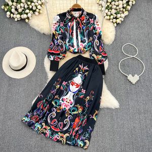 Autumn Vintage Women's Two Piece Pants Shorts Female's Bow Shirt Collar Long Lantern Sleeve Floral Print Mini Shorts Suit Set 2023