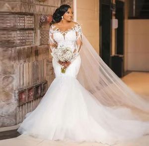 Mode Afrikanische Meerjungfrau Hochzeit Kleid 2024 Illusion Oansatz Lange Ärmel Spitze Appliques Frauen Braut Formale Kleider Vestido De Noiva Robe de Mariage