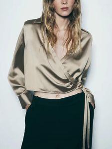 Kadınlar için Moda Bluz Kadınlar İpek Saten Gömlekler 2023 Çapraz Seksi V yaka zarif ofis bayan uzun kollu bandaj gündelik kısa