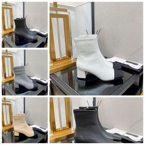 New Arrival Famous Bradn Designer Women's Boots Chains Thick Heels Short Boots Half Top High Quality Patent Leather Ankle Shoes Pump Woman High Heels CCity Heel