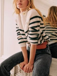 여자 스웨터 대각선 버튼 스웨터 여성 줄무늬 빈티지 긴 소매 올해