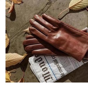 Pięć palców rękawiczki męskie rękawiczki owce skóra damskie rękawiczki krótkie skórzane rękawiczki brązowe aksamitne jesień zimowe rękawiczki jazdy