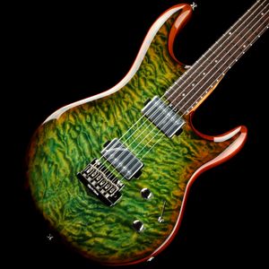 Ernie Ball Music Man Luke 3 HH Top in acero Lucious Green Quilt Chitarra elettrica China Tremolo Bridge Corpo a doppia spalla mancante Pickup passivi Scatola batteria da 9 V Hardware cromato